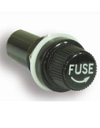 FUSE HOLDER - ROUND, Panel mount, round, screw cap, spring loaded fuse holder. Suits 32mm x 6.6mm glass fuses. 12/24 volt, 10 amp maximum. 